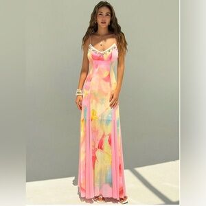 Y2K Pastel Pink Watercolor Mesh Maxi Dress